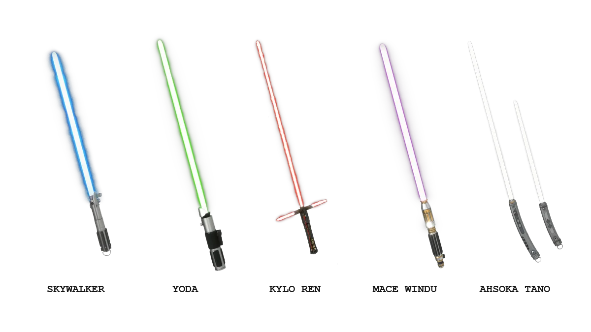 The five blades of VeVe Lightsaber Series 1: Skywalker, Yoda, Kylo Ren, Mace Windu and Ahsoka Tano